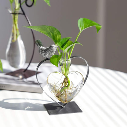 Desktop Glass Planter Hydroponics Vase,Planter Bulb Vase with Holder for Home Decoration,Modern Creative Bird Plant Terrarium Stand, Scindapsus Container (Bulb Vase)