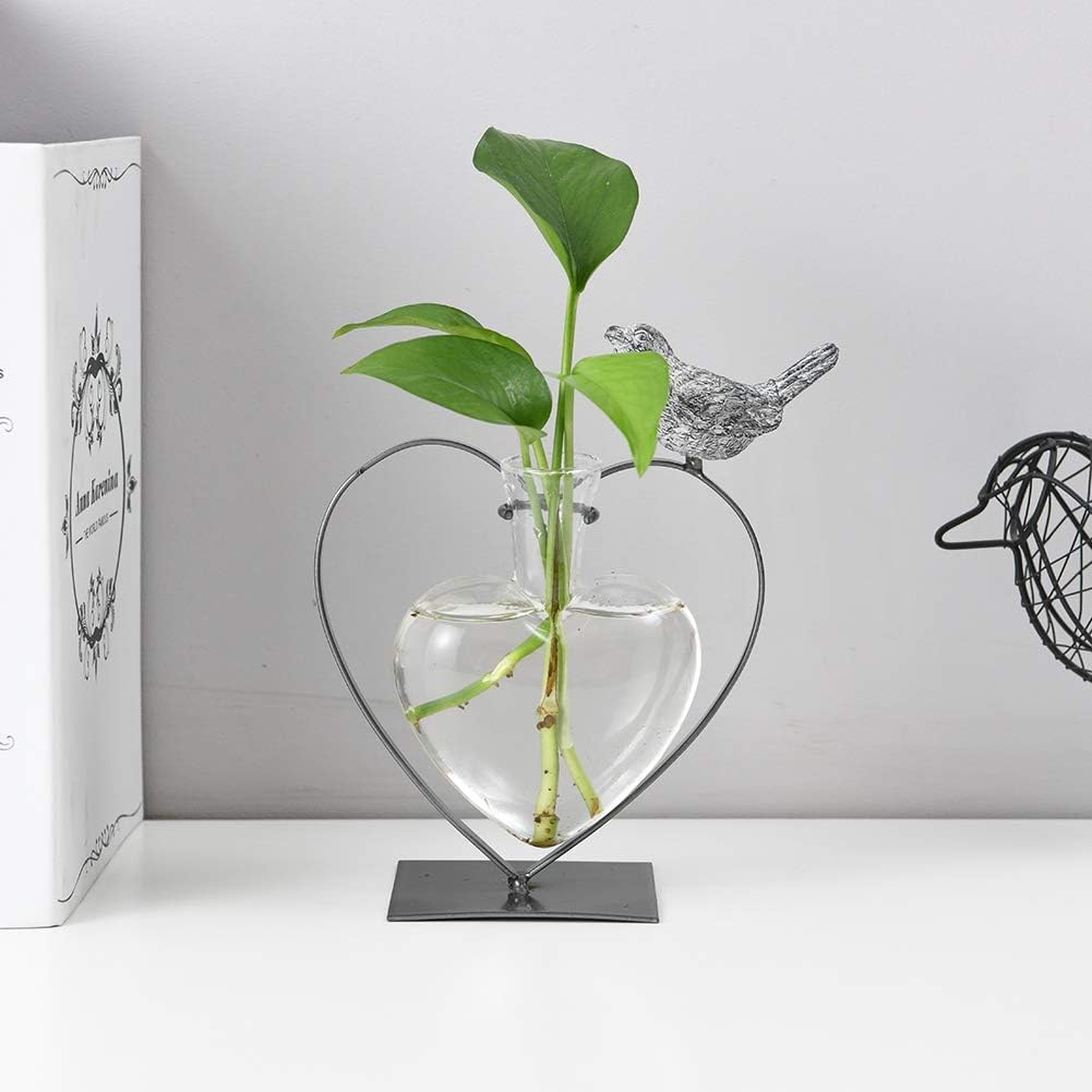Desktop Glass Planter Hydroponics Vase,Planter Bulb Vase with Holder for Home Decoration,Modern Creative Bird Plant Terrarium Stand, Scindapsus Container (Bulb Vase)