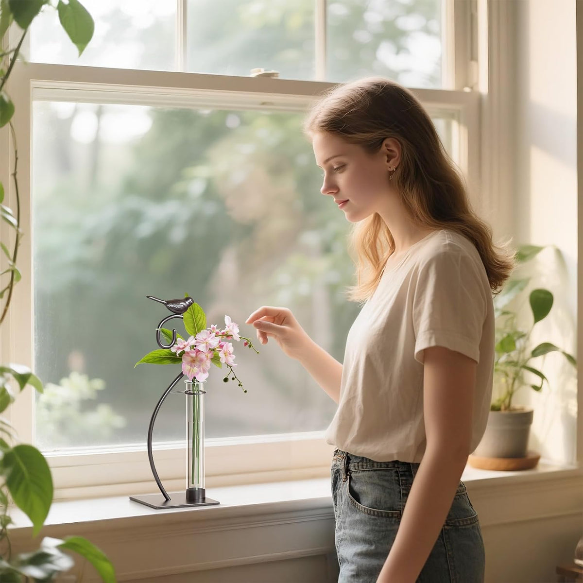 Desktop Glass Planter Hydroponics Vase,Planter Bulb Vase with Holder for Home Decoration,Modern Creative Bird Plant Terrarium Stand, Scindapsus Container (Bulb Vase)