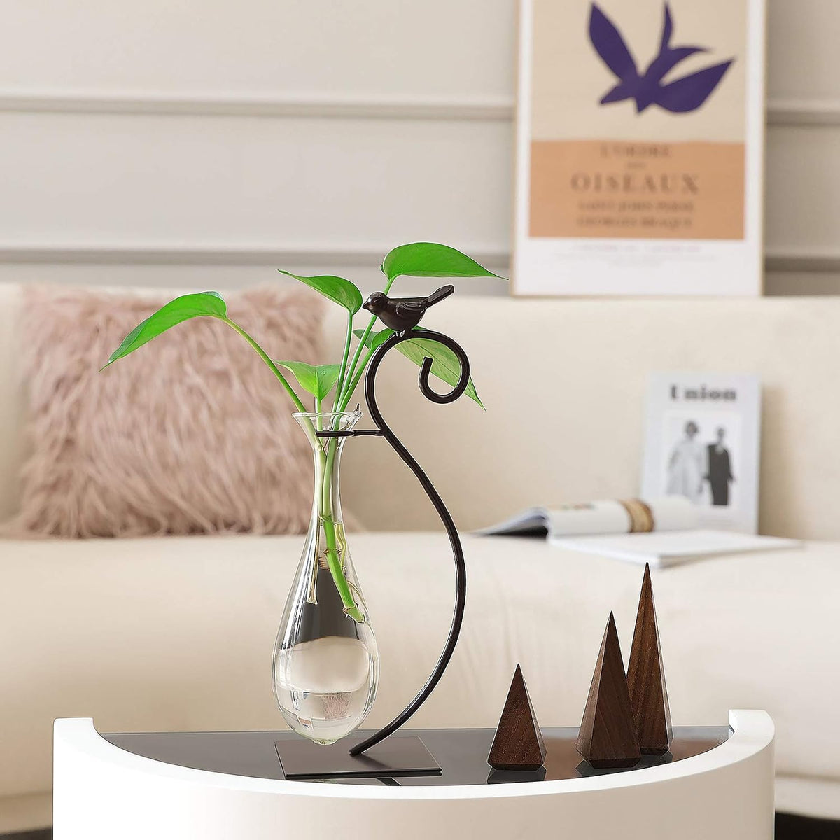 Desktop Glass Planter Hydroponics Vase,Planter Bulb Vase with Holder for Home Decoration,Modern Creative Bird Plant Terrarium Stand, Scindapsus Container (Bulb Vase)