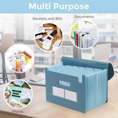Accordion File Organizer, Expanding File Folder with 13 Pockets, Portable Document Paper Bill Receipt Organizer, Home School Office Supplies, Letter A4 Size Haze Blue