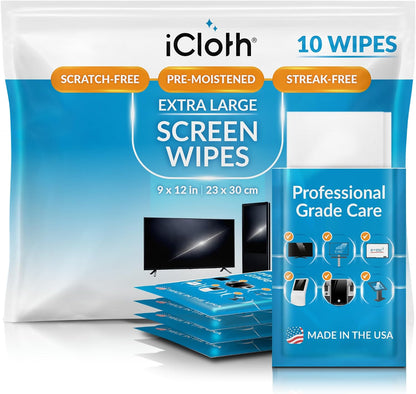 XL Screen Cleaning Wipes, Lint-Free and Streak-Free, Fast-Drying, Removes Dust, Fingerprints, and Smudges