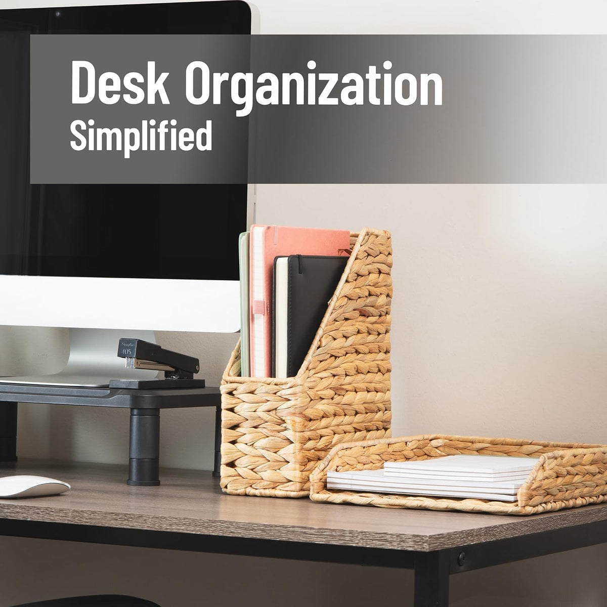 Rattan Vertical File Organizer with Iron Frame, Desktop Organizer, Holds Letter Size Documents, Brown