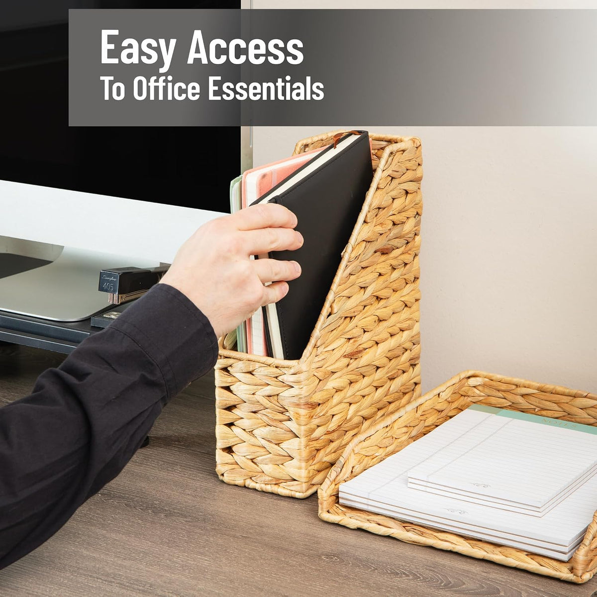 Rattan Vertical File Organizer with Iron Frame, Desktop Organizer, Holds Letter Size Documents, Brown