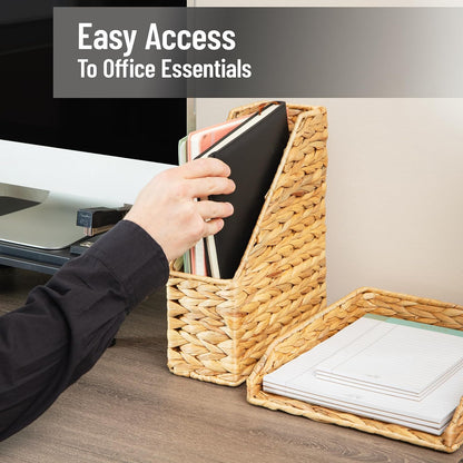 Rattan Vertical File Organizer with Iron Frame, Desktop Organizer, Holds Letter Size Documents, Brown