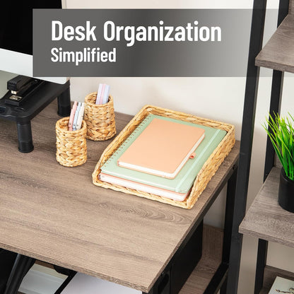 Rattan Vertical File Organizer with Iron Frame, Desktop Organizer, Holds Letter Size Documents, Brown