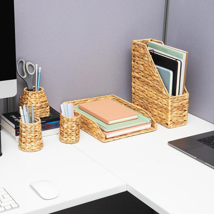 Rattan Vertical File Organizer with Iron Frame, Desktop Organizer, Holds Letter Size Documents, Brown