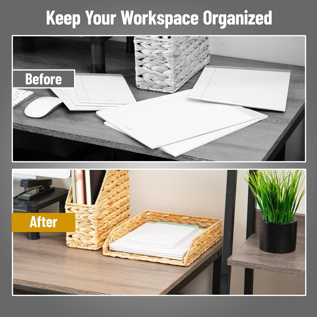 Rattan Vertical File Organizer with Iron Frame, Desktop Organizer, Holds Letter Size Documents, Brown