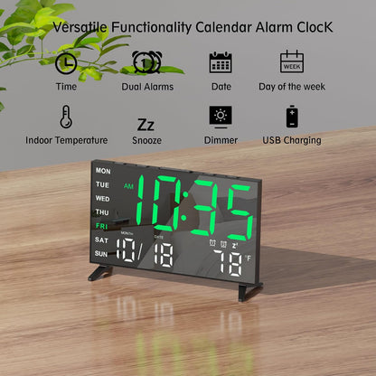 Mirror Digital Loud Alarm Clock with with Date,Indoor Temperature,USB Charging Port,Dimmer,Adjustable Volum,12/24H,Snooze,Dual Alarms (Weekday/Weekend),Perfect for Bedroom and Living Room