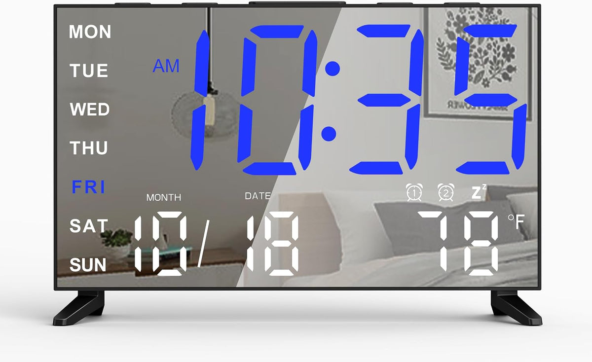 Mirror Digital Loud Alarm Clock with with Date,Indoor Temperature,USB Charging Port,Dimmer,Adjustable Volum,12/24H,Snooze,Dual Alarms (Weekday/Weekend),Perfect for Bedroom and Living Room