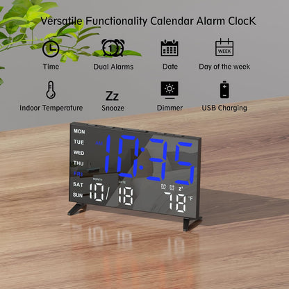 Mirror Digital Loud Alarm Clock with with Date,Indoor Temperature,USB Charging Port,Dimmer,Adjustable Volum,12/24H,Snooze,Dual Alarms (Weekday/Weekend),Perfect for Bedroom and Living Room