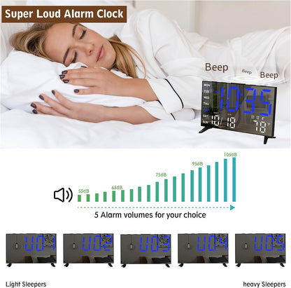 Mirror Digital Loud Alarm Clock with with Date,Indoor Temperature,USB Charging Port,Dimmer,Adjustable Volum,12/24H,Snooze,Dual Alarms (Weekday/Weekend),Perfect for Bedroom and Living Room