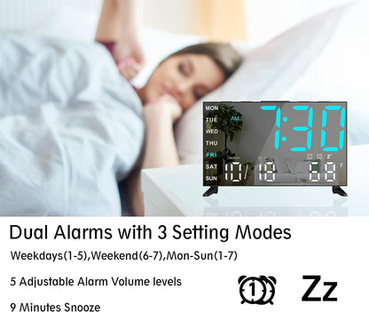 Mirror Digital Loud Alarm Clock with with Date,Indoor Temperature,USB Charging Port,Dimmer,Adjustable Volum,12/24H,Snooze,Dual Alarms (Weekday/Weekend),Perfect for Bedroom and Living Room