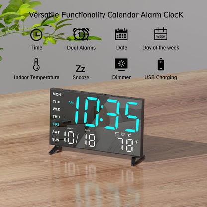 Mirror Digital Loud Alarm Clock with with Date,Indoor Temperature,USB Charging Port,Dimmer,Adjustable Volum,12/24H,Snooze,Dual Alarms (Weekday/Weekend),Perfect for Bedroom and Living Room
