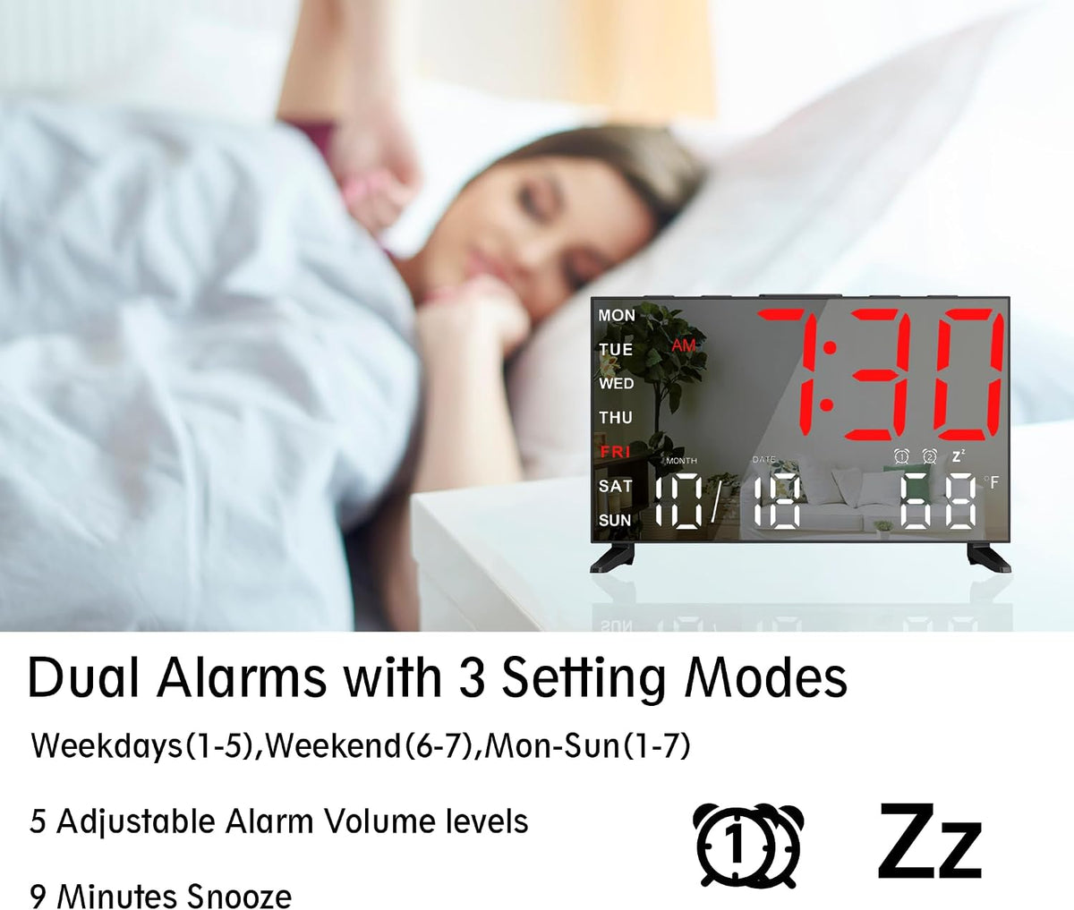 Mirror Digital Loud Alarm Clock with with Date,Indoor Temperature,USB Charging Port,Dimmer,Adjustable Volum,12/24H,Snooze,Dual Alarms (Weekday/Weekend),Perfect for Bedroom and Living Room