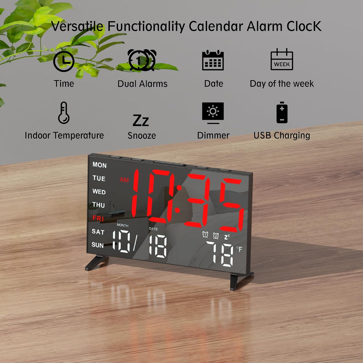 Mirror Digital Loud Alarm Clock with with Date,Indoor Temperature,USB Charging Port,Dimmer,Adjustable Volum,12/24H,Snooze,Dual Alarms (Weekday/Weekend),Perfect for Bedroom and Living Room