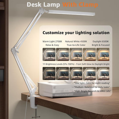 Upgrade Swing Arm LED Desk Lamp with Clamp, 80 LED Beads, 5 Color Modes & 11 Brightness Levels, 360° Adjustable Arm, Eye-Caring Light CRI95, Timer & Memory Function, for Office, Study, Crafting