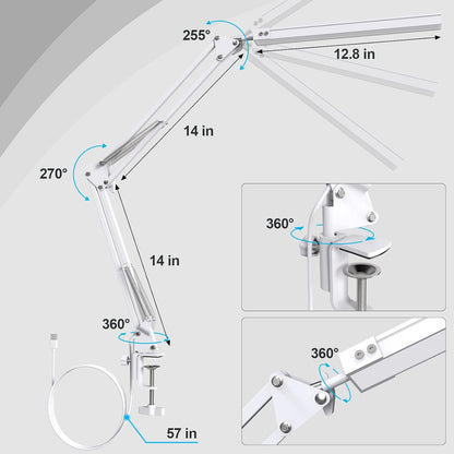 Upgrade Swing Arm LED Desk Lamp with Clamp, 80 LED Beads, 5 Color Modes & 11 Brightness Levels, 360° Adjustable Arm, Eye-Caring Light CRI95, Timer & Memory Function, for Office, Study, Crafting