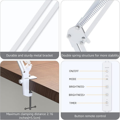 Upgrade Swing Arm LED Desk Lamp with Clamp, 80 LED Beads, 5 Color Modes & 11 Brightness Levels, 360° Adjustable Arm, Eye-Caring Light CRI95, Timer & Memory Function, for Office, Study, Crafting