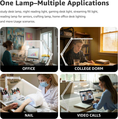 Upgrade Swing Arm LED Desk Lamp with Clamp, 80 LED Beads, 5 Color Modes & 11 Brightness Levels, 360° Adjustable Arm, Eye-Caring Light CRI95, Timer & Memory Function, for Office, Study, Crafting
