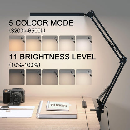 Upgrade Swing Arm LED Desk Lamp with Clamp, 80 LED Beads, 5 Color Modes & 11 Brightness Levels, 360° Adjustable Arm, Eye-Caring Light CRI95, Timer & Memory Function, for Office, Study, Crafting