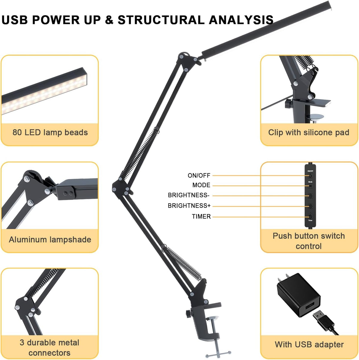 Upgrade Swing Arm LED Desk Lamp with Clamp, 80 LED Beads, 5 Color Modes & 11 Brightness Levels, 360° Adjustable Arm, Eye-Caring Light CRI95, Timer & Memory Function, for Office, Study, Crafting