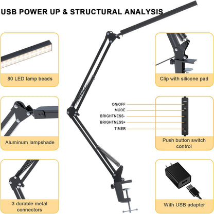 Upgrade Swing Arm LED Desk Lamp with Clamp, 80 LED Beads, 5 Color Modes & 11 Brightness Levels, 360° Adjustable Arm, Eye-Caring Light CRI95, Timer & Memory Function, for Office, Study, Crafting