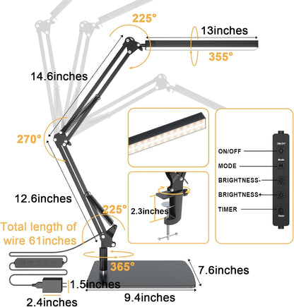Upgrade Swing Arm LED Desk Lamp with Clamp, 80 LED Beads, 5 Color Modes & 11 Brightness Levels, 360° Adjustable Arm, Eye-Caring Light CRI95, Timer & Memory Function, for Office, Study, Crafting