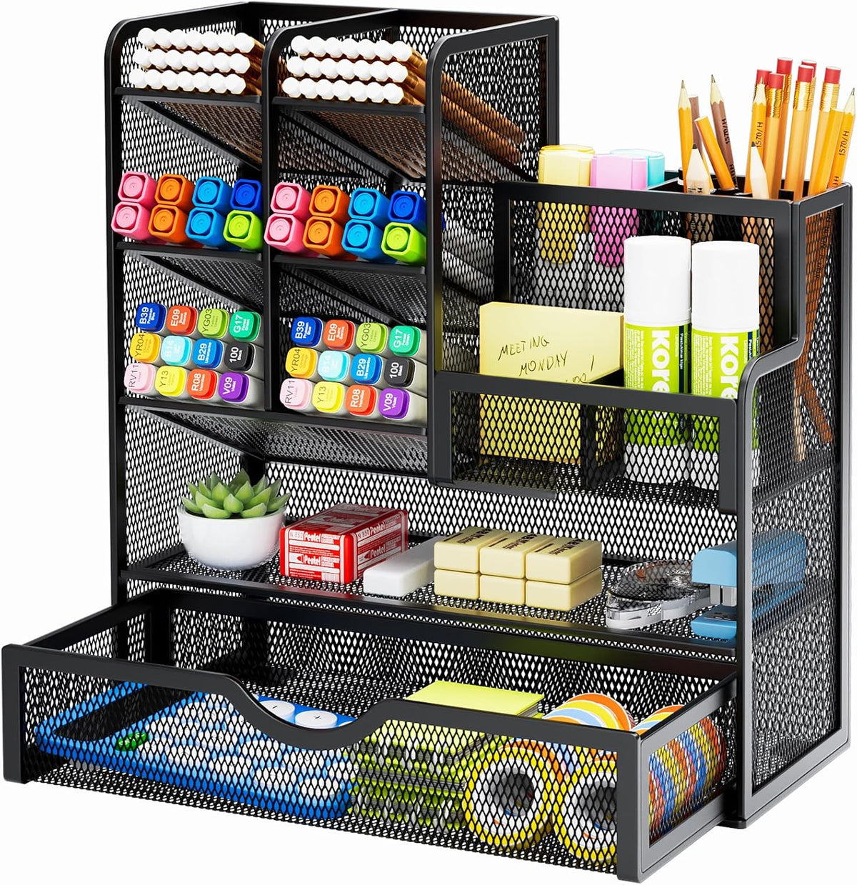 Mesh Pen Holder for Desk, Multi-Functional Pencil Organizer with Drawer, Desk Organizers and Accessories for Office Art Supplies (Black)