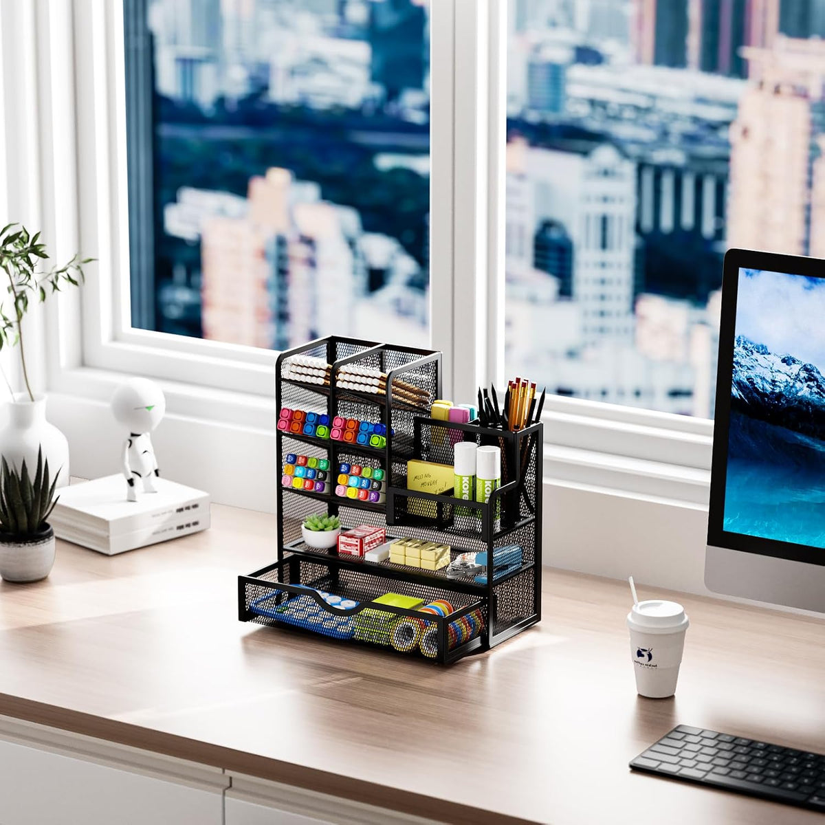 Mesh Pen Holder for Desk, Multi-Functional Pencil Organizer with Drawer, Desk Organizers and Accessories for Office Art Supplies (Black)
