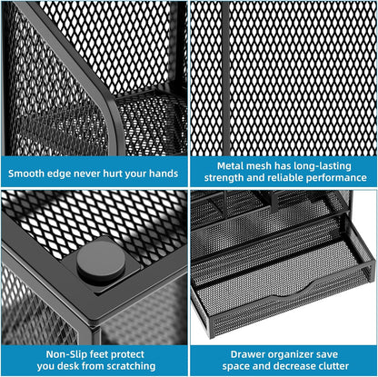 Mesh Pen Holder for Desk, Multi-Functional Pencil Organizer with Drawer, Desk Organizers and Accessories for Office Art Supplies (Black)