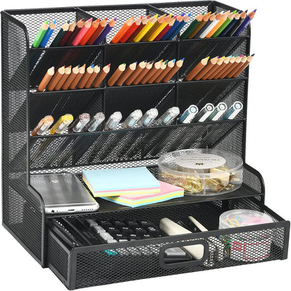 Mesh Pen Holder for Desk, Multi-Functional Pencil Organizer with Drawer, Desk Organizers and Accessories for Office Art Supplies (Black)