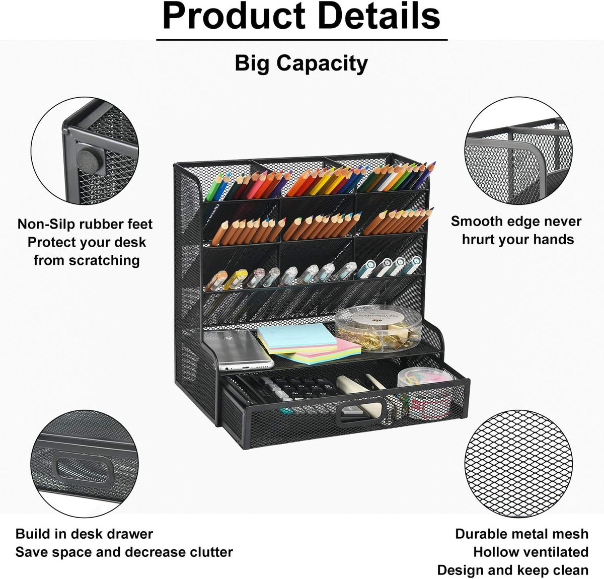 Mesh Pen Holder for Desk, Multi-Functional Pencil Organizer with Drawer, Desk Organizers and Accessories for Office Art Supplies (Black)