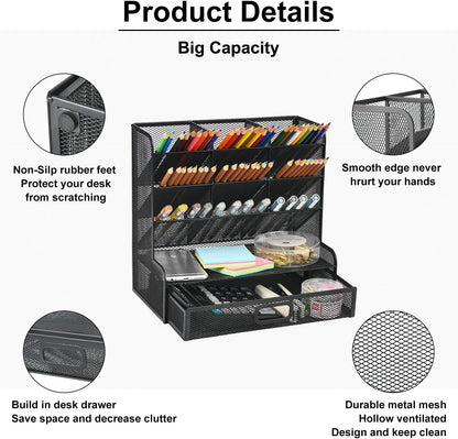 Mesh Pen Holder for Desk, Multi-Functional Pencil Organizer with Drawer, Desk Organizers and Accessories for Office Art Supplies (Black)