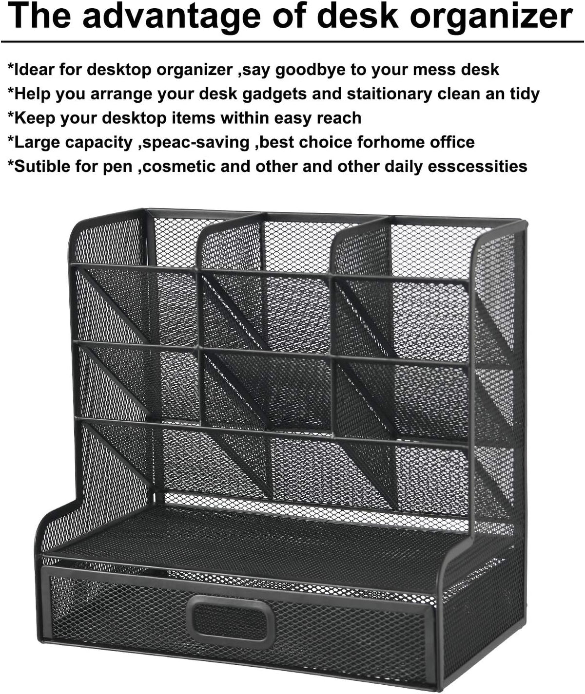 Mesh Pen Holder for Desk, Multi-Functional Pencil Organizer with Drawer, Desk Organizers and Accessories for Office Art Supplies (Black)