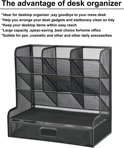 Mesh Pen Holder for Desk, Multi-Functional Pencil Organizer with Drawer, Desk Organizers and Accessories for Office Art Supplies (Black)