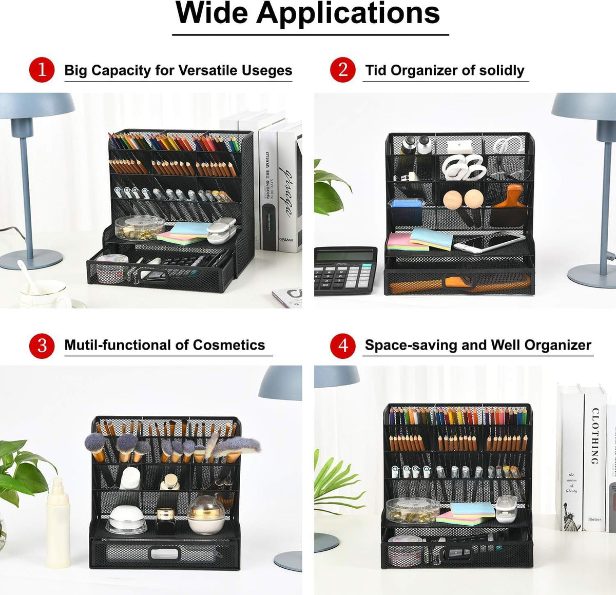 Mesh Pen Holder for Desk, Multi-Functional Pencil Organizer with Drawer, Desk Organizers and Accessories for Office Art Supplies (Black)