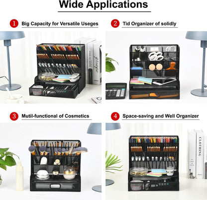 Mesh Pen Holder for Desk, Multi-Functional Pencil Organizer with Drawer, Desk Organizers and Accessories for Office Art Supplies (Black)