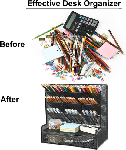 Mesh Pen Holder for Desk, Multi-Functional Pencil Organizer with Drawer, Desk Organizers and Accessories for Office Art Supplies (Black)