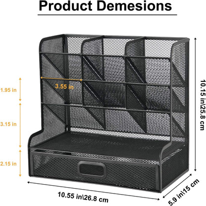 Mesh Pen Holder for Desk, Multi-Functional Pencil Organizer with Drawer, Desk Organizers and Accessories for Office Art Supplies (Black)