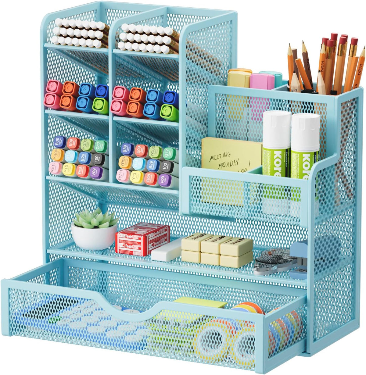 Mesh Pen Holder for Desk, Multi-Functional Pencil Organizer with Drawer, Desk Organizers and Accessories for Office Art Supplies (Black)