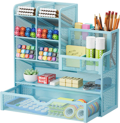 Mesh Pen Holder for Desk, Multi-Functional Pencil Organizer with Drawer, Desk Organizers and Accessories for Office Art Supplies (Black)