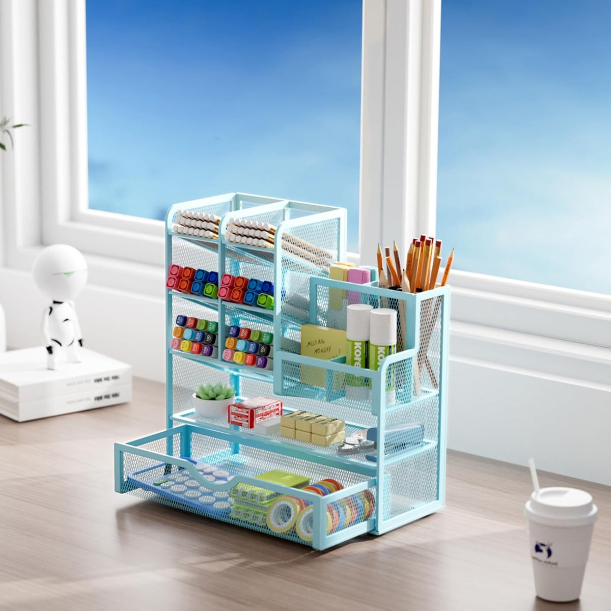 Mesh Pen Holder for Desk, Multi-Functional Pencil Organizer with Drawer, Desk Organizers and Accessories for Office Art Supplies (Black)