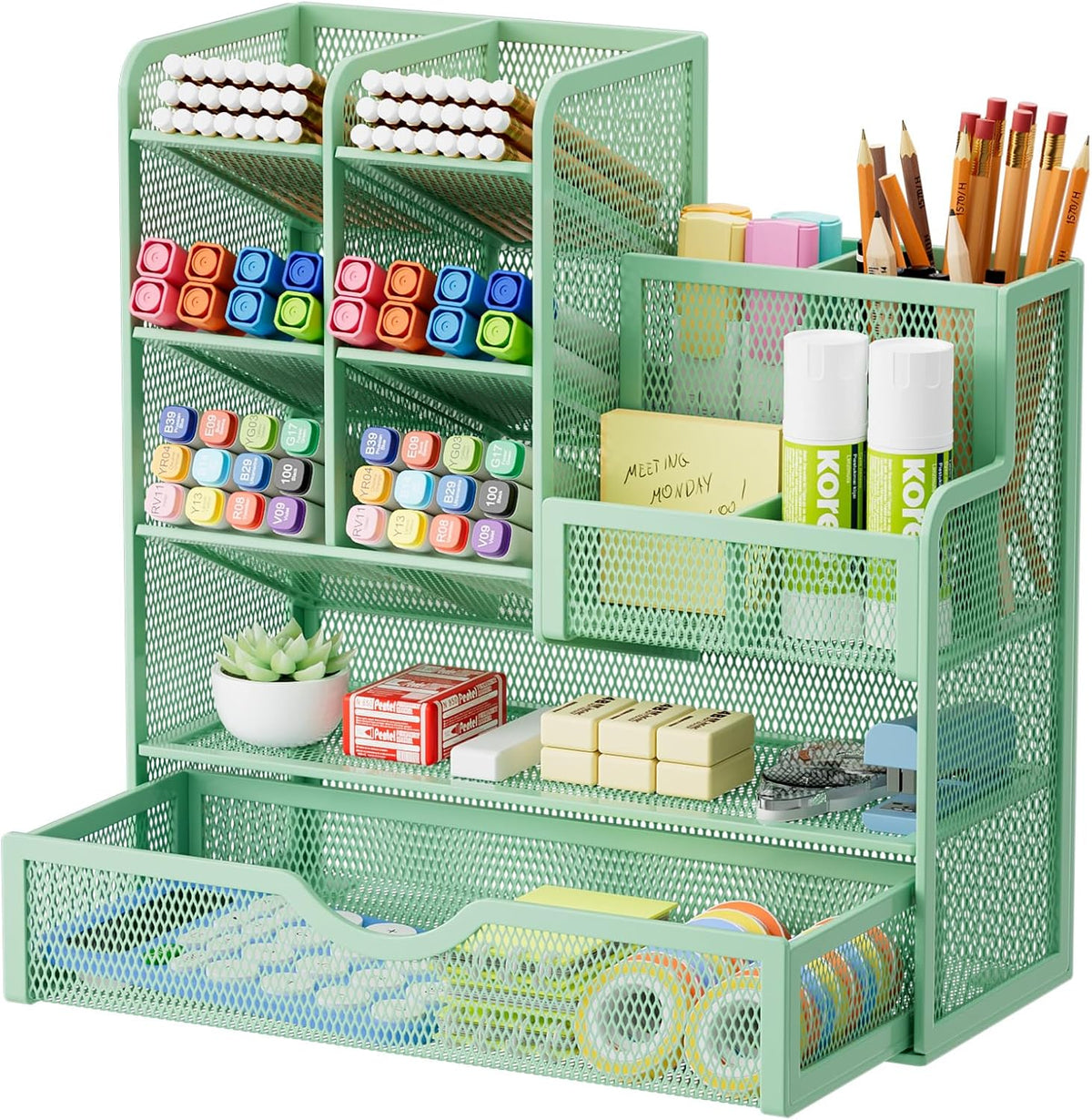 Mesh Pen Holder for Desk, Multi-Functional Pencil Organizer with Drawer, Desk Organizers and Accessories for Office Art Supplies (Black)