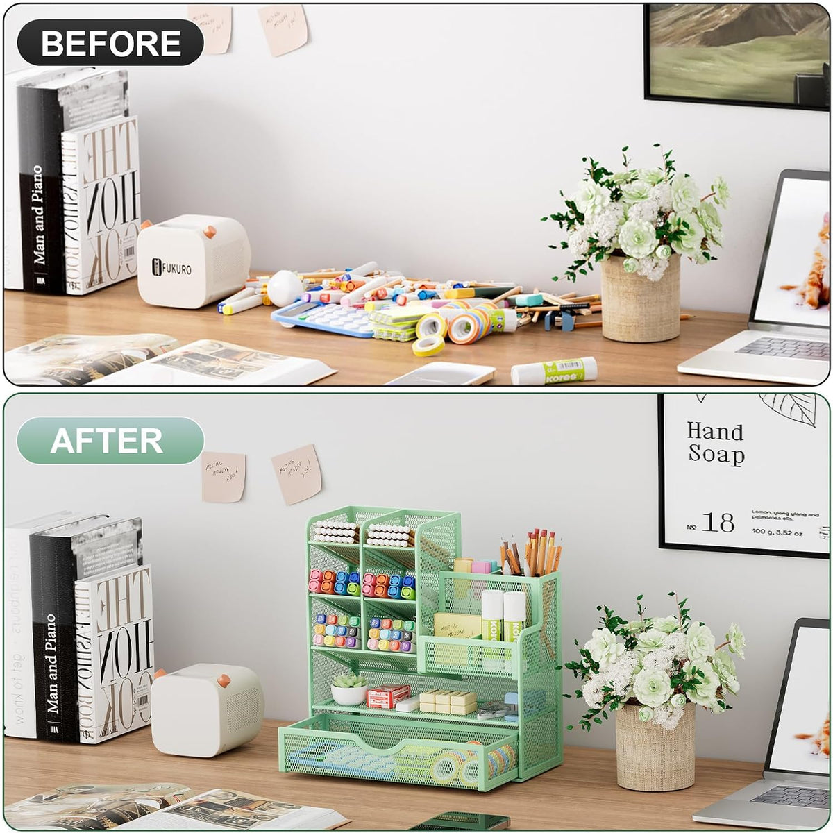 Mesh Pen Holder for Desk, Multi-Functional Pencil Organizer with Drawer, Desk Organizers and Accessories for Office Art Supplies (Black)