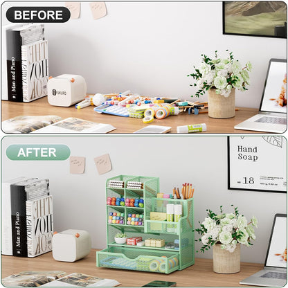 Mesh Pen Holder for Desk, Multi-Functional Pencil Organizer with Drawer, Desk Organizers and Accessories for Office Art Supplies (Black)