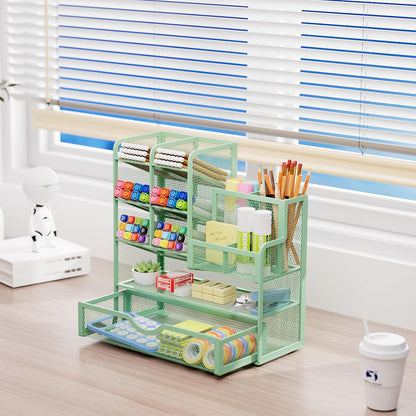 Mesh Pen Holder for Desk, Multi-Functional Pencil Organizer with Drawer, Desk Organizers and Accessories for Office Art Supplies (Black)