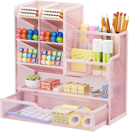 Mesh Pen Holder for Desk, Multi-Functional Pencil Organizer with Drawer, Desk Organizers and Accessories for Office Art Supplies (Black)