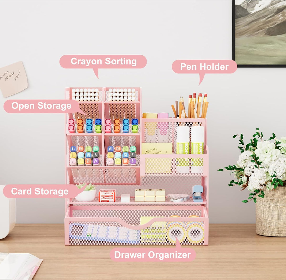 Mesh Pen Holder for Desk, Multi-Functional Pencil Organizer with Drawer, Desk Organizers and Accessories for Office Art Supplies (Black)