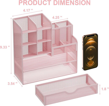 Mesh Pen Holder for Desk, Multi-Functional Pencil Organizer with Drawer, Desk Organizers and Accessories for Office Art Supplies (Black)